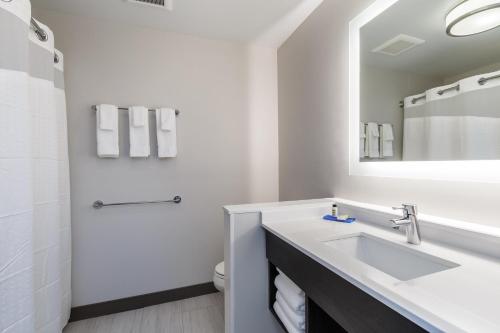 a white bathroom with a sink and a shower at Holiday Inn Express & Suites- South Bend Casino, an IHG Hotel in South Bend