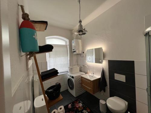 a small bathroom with a toilet and a sink at Good times in St. Goar (Mit Fahrrad-Keller) in Sankt Goar