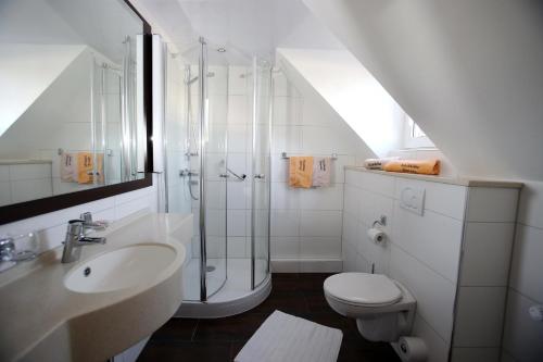 uma casa de banho com um lavatório e um chuveiro. em Gasthaus-Pension Islekhöhe Gansen em Krautscheid