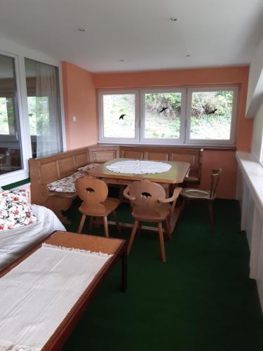 une chambre avec une table, des chaises et deux fenêtres dans l'établissement TOP Garden View, à Volders