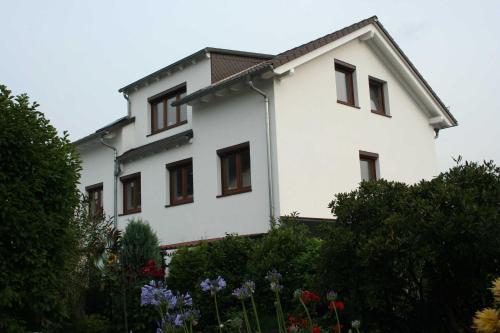 Villa Peony في Muhlheim am Main: منزل أبيض بنوافذ بنية وبعض الأشجار