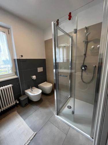 a bathroom with a shower and a toilet at Trentino Apartments - Casa Laita in Folgaria