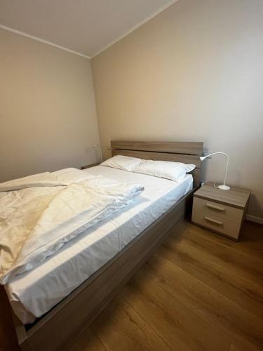 um quarto com uma cama e uma mesa de cabeceira com um candeeiro em Trentino Apartments - Casa Laita em Folgaria