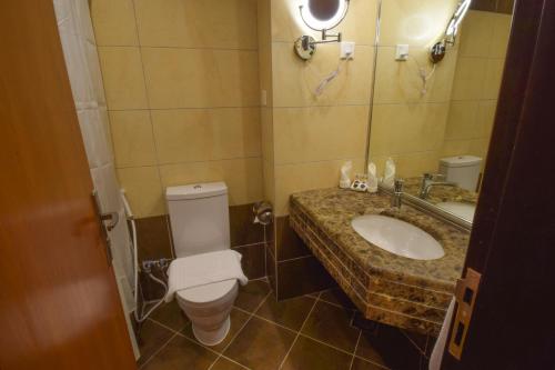 Al Massa Grand Hotel في مكة المكرمة: حمام مع مرحاض ومغسلة ومرآة