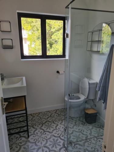 a bathroom with a toilet and a sink and a window at Thornley Studio in Knysna