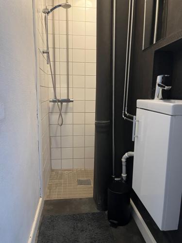 een badkamer met een douche, een toilet en een wastafel bij Centrally Located 4 Room Apartment in Kopenhagen