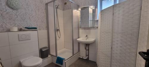 ein Bad mit einer Dusche, einem WC und einem Waschbecken in der Unterkunft Appartement Hertha in Celle
