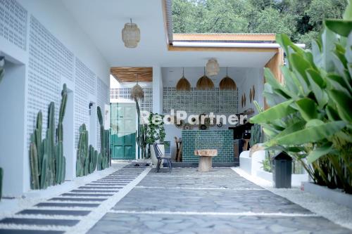 a courtyard of a house with a bench and cactus at Pringgading Surf Camp Bengkulu Mitra RedDoorz in Bengkulu