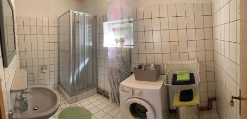 a bathroom with a washing machine and a sink at Ferienwohnung Kramer in Colnrade