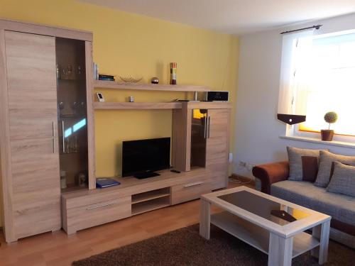 een woonkamer met een entertainmentcentrum met een flatscreen-tv bij Ferienwohnung - August-Bebel-Str. 19 in Oelsnitz