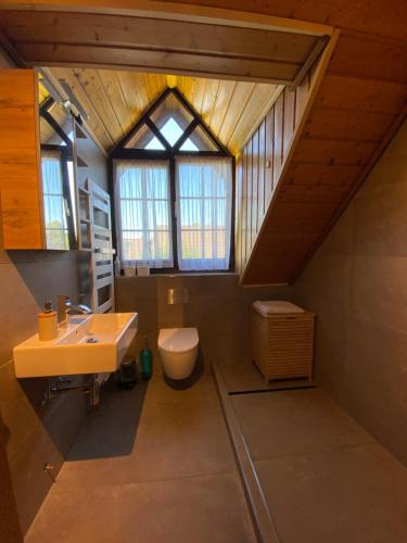 a bathroom with a sink and a toilet and windows at Appartement am Stadtpark in Ochtrup