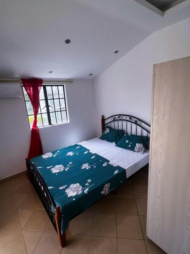 a bedroom with a bed with a blue comforter and a window at VILLA L'OR with Private Pool in Flic-en-Flac