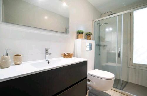 uma casa de banho com um WC, um lavatório e um chuveiro em La casa de la brujita with AC em San Sebastián