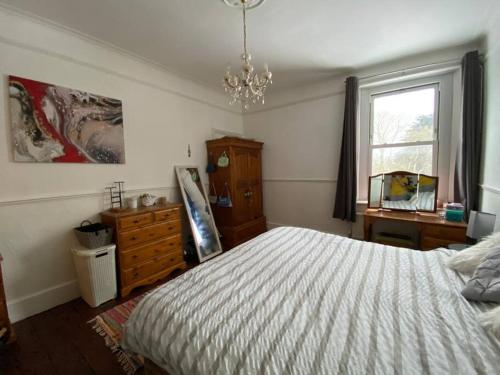 a bedroom with a bed and a dresser and a window at Country Manor House with indoor Pool and Hot Tub in Rochester