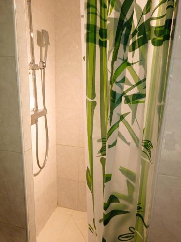 une douche avec une porte en verre et un rideau de douche. dans l'établissement L'étoile pétillante, à Cannes