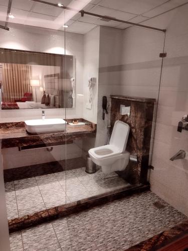 a bathroom with a toilet and a sink at Royale Retreat Hotel & Spa Near Mall Road in Shimla