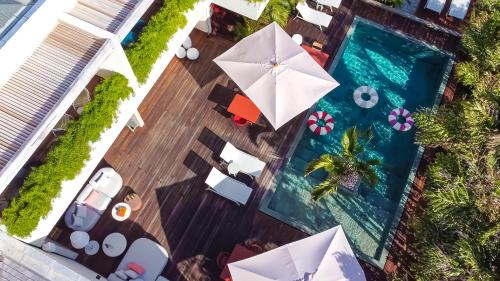 聖馬丁島的住宿－Le Martin Boutique Hôtel，享有带遮阳伞的游泳池的顶部景致