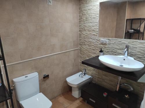 a bathroom with a white toilet and a sink at Al-Andalus Agradable casa para relajarse y descubrir Córdoba in Córdoba