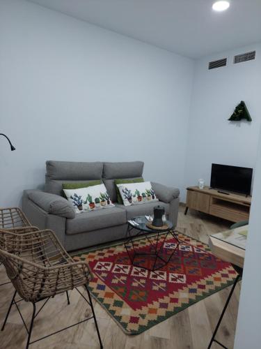 ein Wohnzimmer mit einem Sofa und einem Teppich in der Unterkunft Avocado Suite by Alhaurín Loft City Center in Alhaurín de la Torre