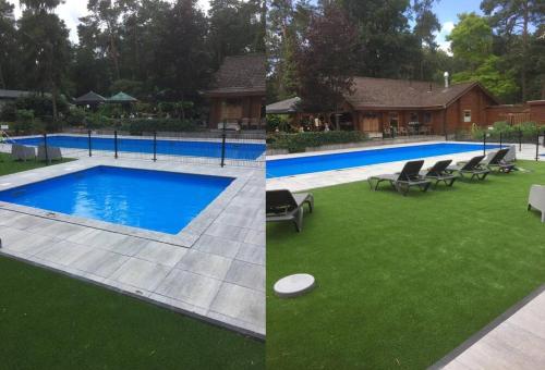 dos fotos de una piscina con un frisbee en el césped en Vakantie chalet G5 - Recreation only, en Doornspijk