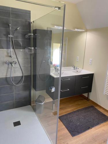 La salle de bains est pourvue d'une douche et d'un lavabo. dans l'établissement La Barberie à Saint-Marcouf, à Saint-Marcouf