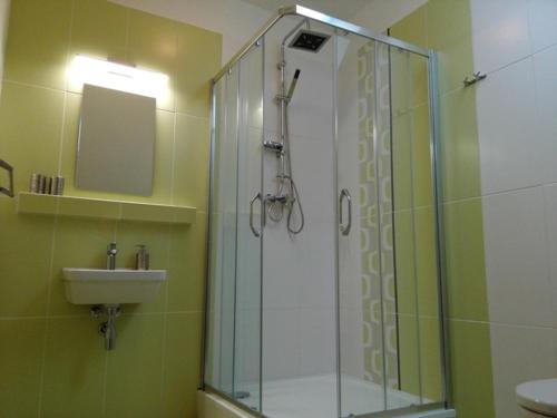 a bathroom with a shower and a sink at Wellness penzion Harmonie Rohanov in Prachatice