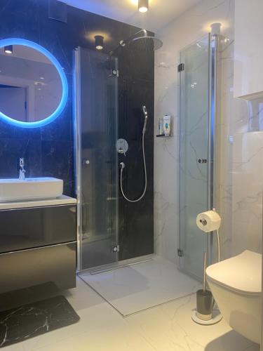 een badkamer met een douche, een wastafel en een toilet bij MazuryDreamHouse in Pelnik