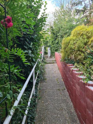 a garden with a white fence and flowers at Cozy room with a beautiful garden view in Baunatal