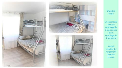 kolaż czterech zdjęć łóżek piętrowych w pokoju w obiekcie Logement familial tout équipé (1 station de Paris) w mieście Saint-Denis