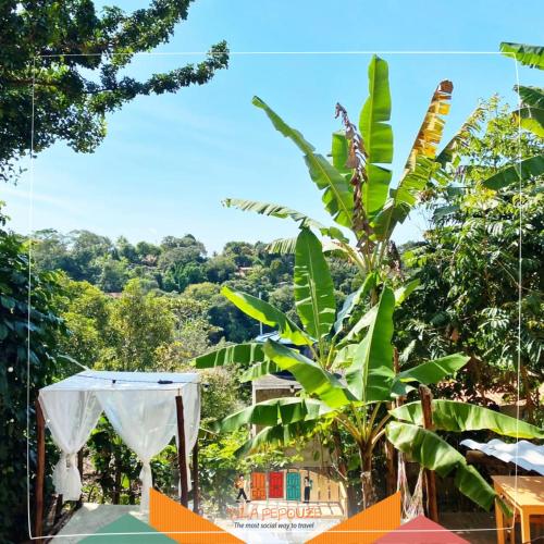 モロ・デ・サンパウロにあるVila Pepouze Hostelの木のあるリゾートのバルコニーから景色を望めます。