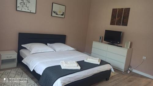 Schlafzimmer mit einem Bett, einem TV und Handtüchern in der Unterkunft Apartament Maria in Gura Humorului