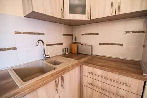 uma cozinha com armários de madeira e um lavatório em Boka Apartment em Baošići
