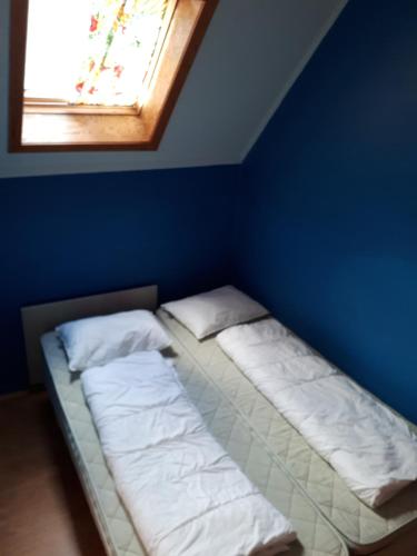 a blue room with two beds with a window at Fjordshelter vintage townhouse in Tysso