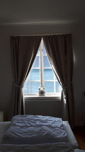 a bedroom with a bed and a window at Fjordshelter vintage townhouse in Tysso