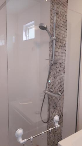 Eco Resort Costa Blanca في Dolores: دش في حمام مع باب زجاجي