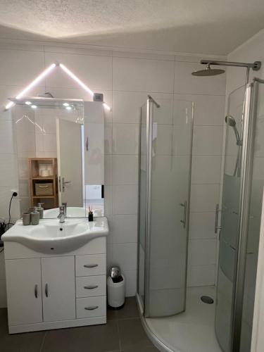 a white bathroom with a sink and a shower at 1 Raumwohnung für 2 Gäste in Wehr