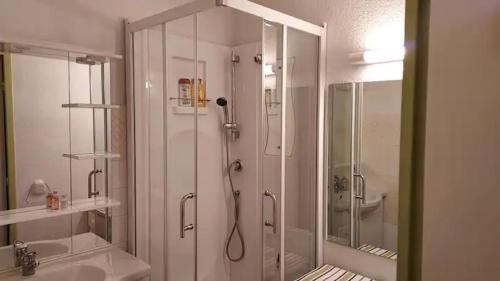 uma casa de banho com um chuveiro e um lavatório. em Le perchoir de Juliette em La Mongie