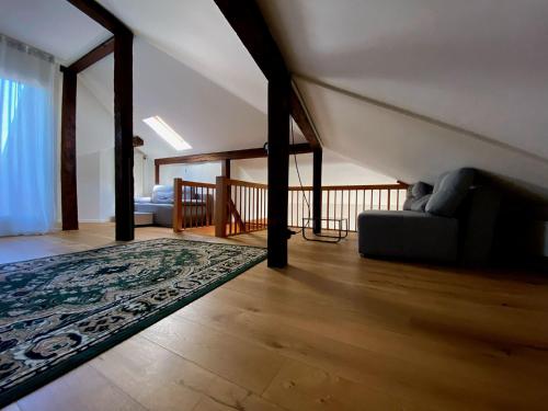 - un salon avec un canapé et un tapis dans l'établissement Stylish two-floor apartment in a heart of Basel, à Bâle