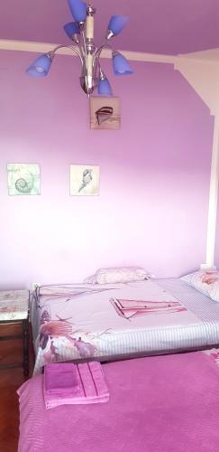 a bedroom with a bed with purple walls and a ceiling at Guest House Cinderella in Herceg-Novi