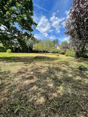 ein Grasfeld mit Bäumen und blauem Himmel in der Unterkunft Grande ferme à 50min de Paris in Le Plessis-Placy