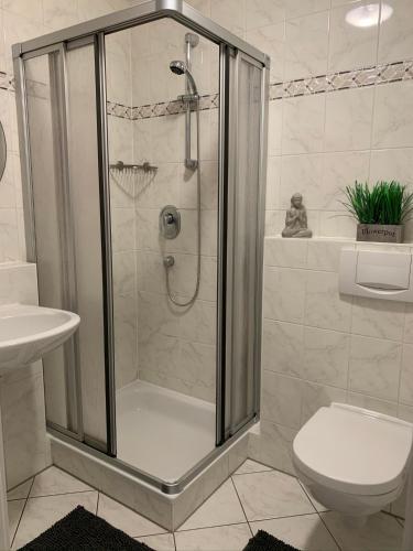 y baño con ducha, aseo y lavamanos. en Appartement by Luis, en Burgheim