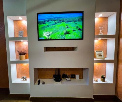 a flat screen tv on a wall above a fireplace at Green Hills by Rent a car MI in Podgorica