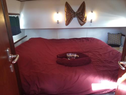 uma cama vermelha com um grande edredão vermelho em Capitaine Zephyr em Beaucaire