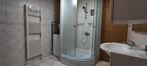 bagno con doccia e lavandino di Apartma Ivan a Portoroz