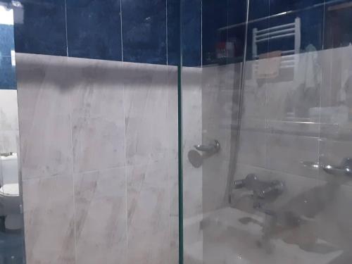 a bathroom with a glass shower with a sink at Colchis ca777 in Kutaisi