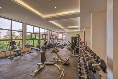 a gym with treadmills and cardio equipment in a building at Virunga Inn Resort & Spa in Kinigi