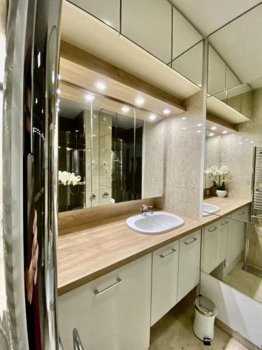 une salle de bain avec un lavabo et un miroir dans l'établissement CosyGray512, à Cannes