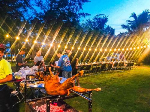 a dog laying on a table at a party at Long Hải Channel Beach Resort in Long Hai