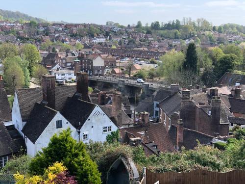 a view of a town with houses and a bridge at Shining Star, Cartway River Views in Bridgnorth