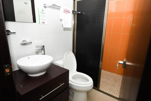 La salle de bains est pourvue de toilettes, d'un lavabo et d'une douche. dans l'établissement Hotel los faroles, à Ocozocuautla